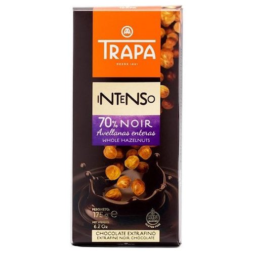 Trapa Intenso, Tabelă de ciocolată neagră cu alune întregi, 70% conținut de cacao (avellana), 175g