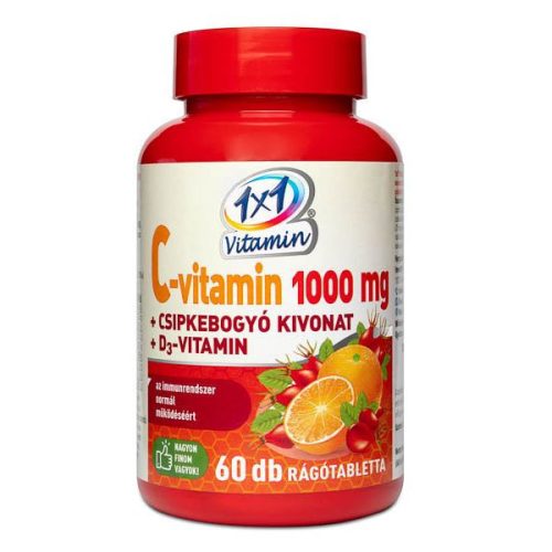 1x1 Vitamin Vitamina C 1000 mg + vitamina D3 cu extract de măceș, supliment alimentar cu aromă de portocale, tablete masticabile cu îndulcitori (60 buc.)