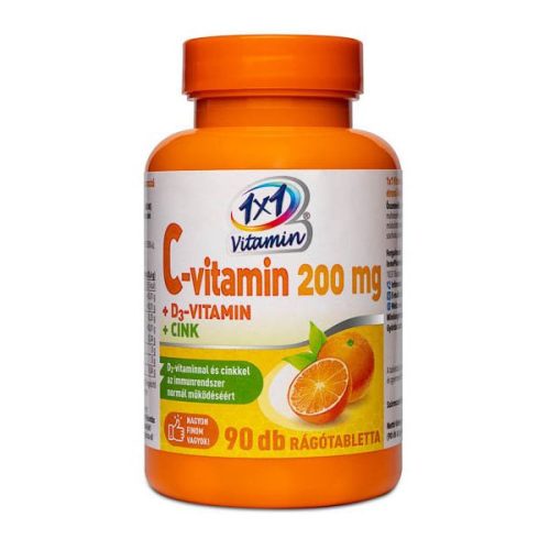 1x1 Vitaday Tablete masticabile cu aromă de portocale cu îndulcitori cu Vitamina C 200 mg + Vitamina D3 + Zinc  90x