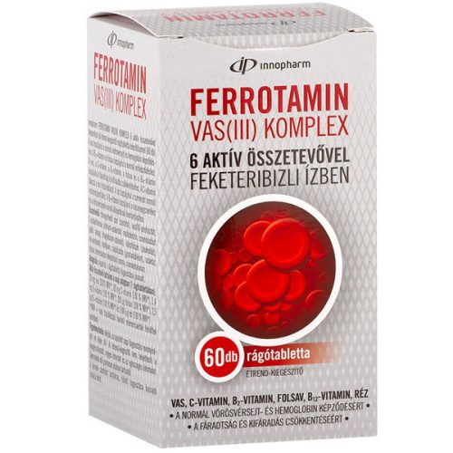 Innopharm Ferrotamin Vas (III) Supliment alimentar complex sub formă de tabletă masticabilă cu 6 ingrediente active, aromă de coacaze negre, indulcitor