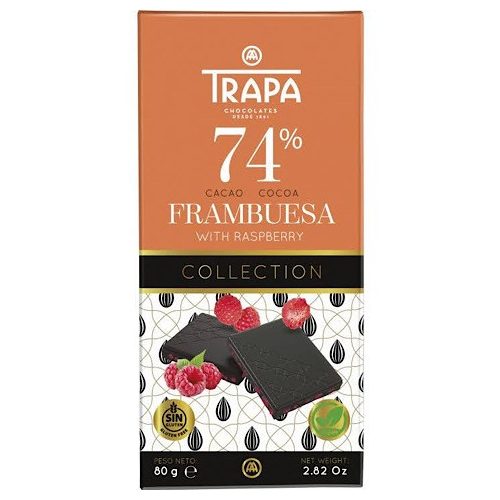 Trapa Collection, tabletă de ciocolată neagră cu zmeură, 74%, fără gluten, vegană, 80g