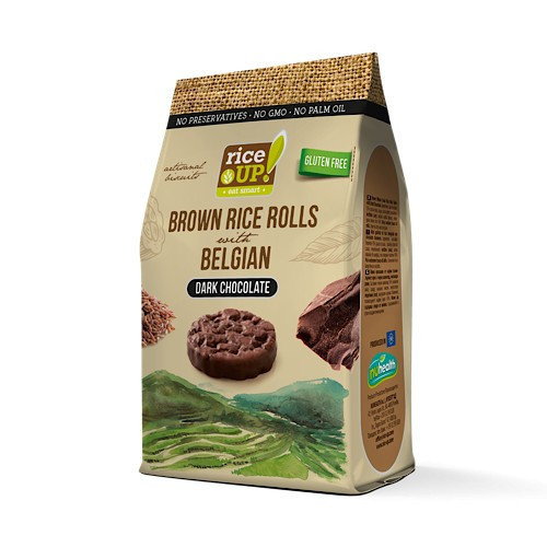 Rice up, gustare din orez integral brun cu ciocolată neagră, 50 g.