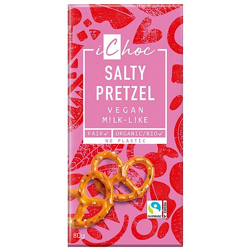 ICHOC Bio Csokoládé tábla, sós perec darabokkal, mandulaolajjal készült, vegán, 80g